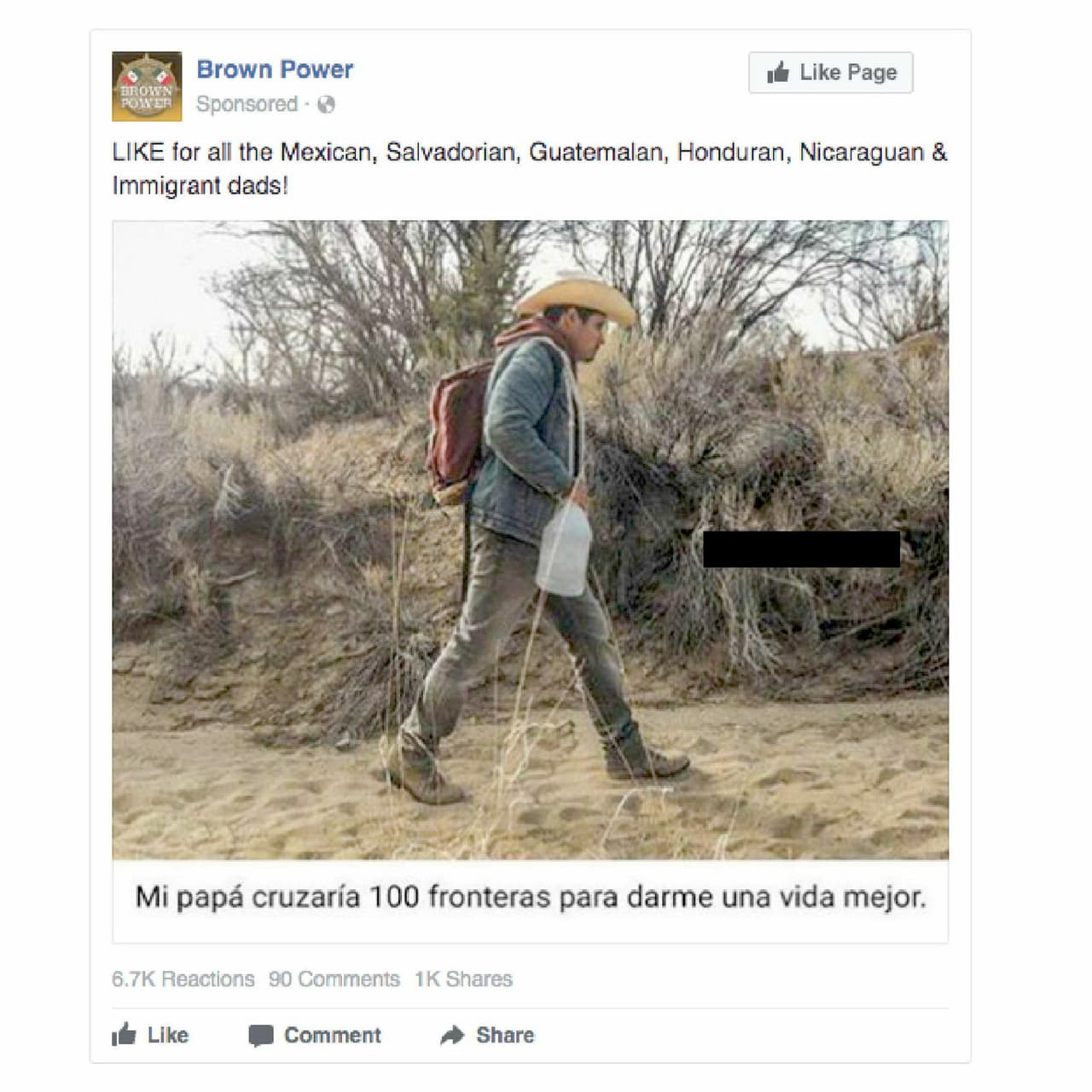 <b>Anuncio 2556.</b> “LIKE para todos los mexicanos, salvadoreños, guatemaltecos, hondureños, nicaragüenses y ¡padres inmigrantes!”
<br>
<b>Costo:</b> 400.00 rublos (6.41 dólares).