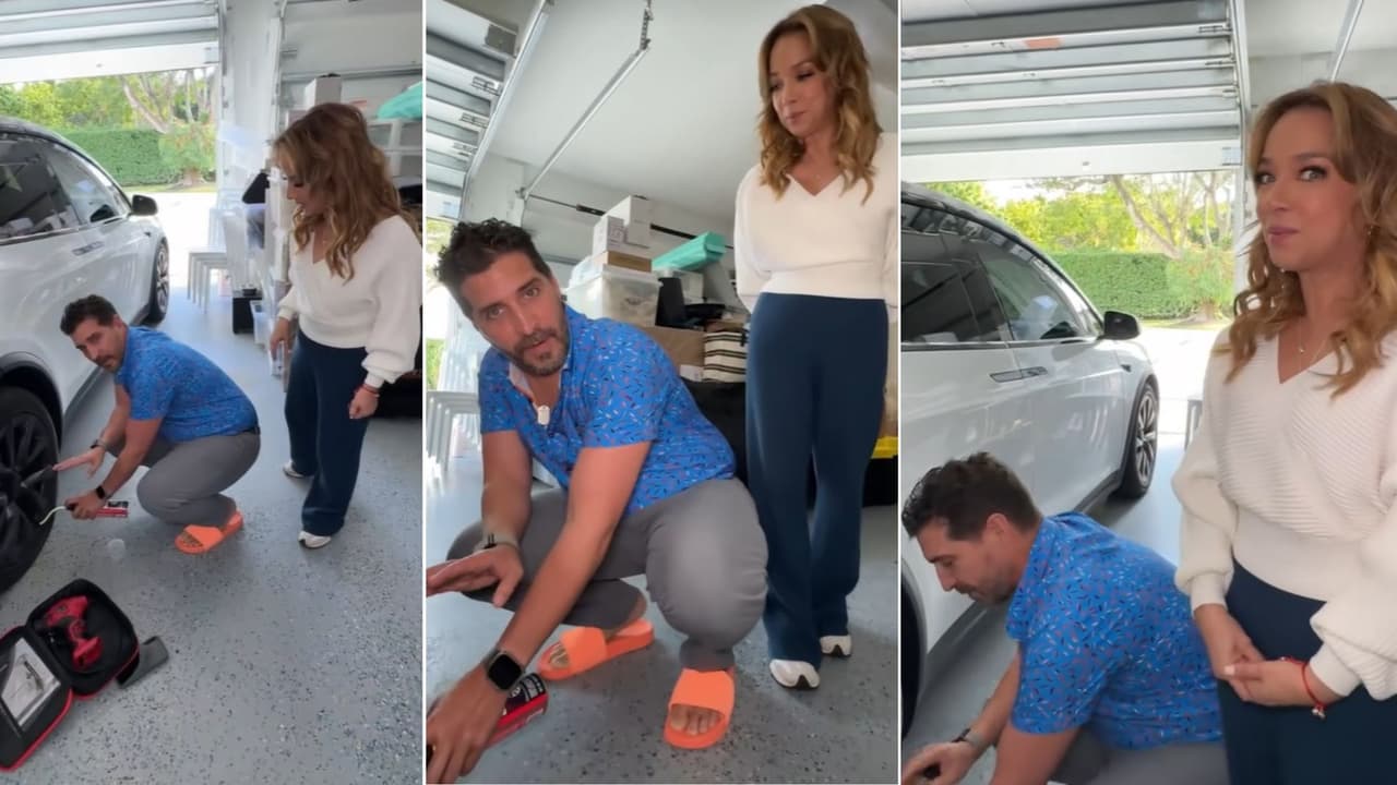 Adamari López mostró cómo su "esposo" la ayudó con un problema de la llanta en su camioneta.