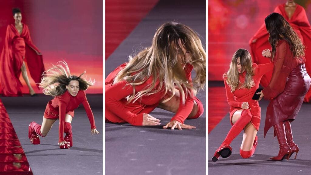 Belinda cae en el desfile de L'Oréal en París.