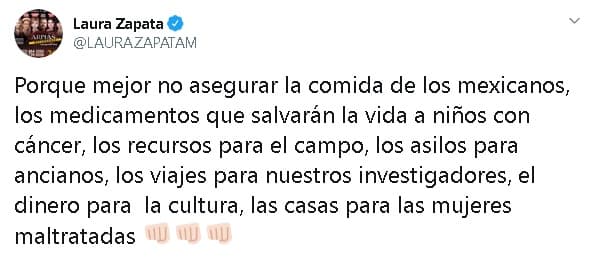 Enseguida, Zapata le reclamó: "Por qué mejor no asegurar la comida de los mexicanos, los medicamentos que salvarán la vida a niños con cáncer, los recursos para el campo".