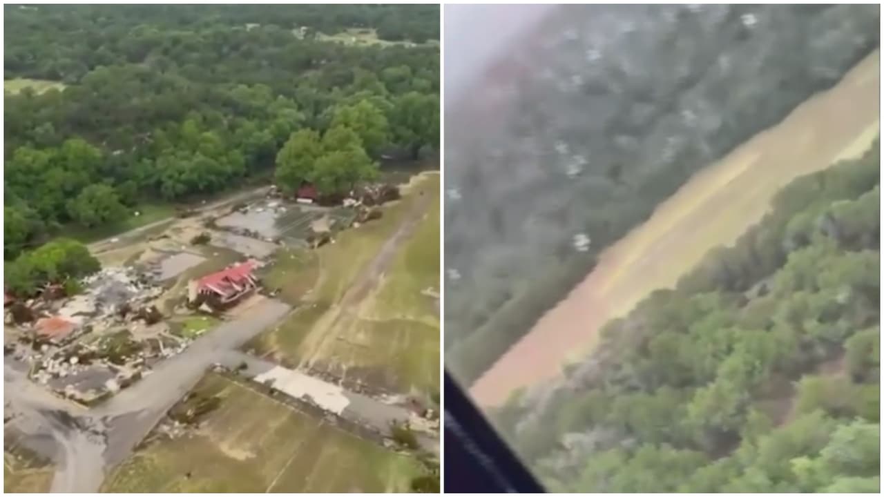 Sobrevolamos el río Guadalupe que se desbordó causando inundación y afectando trágicamente un campamento