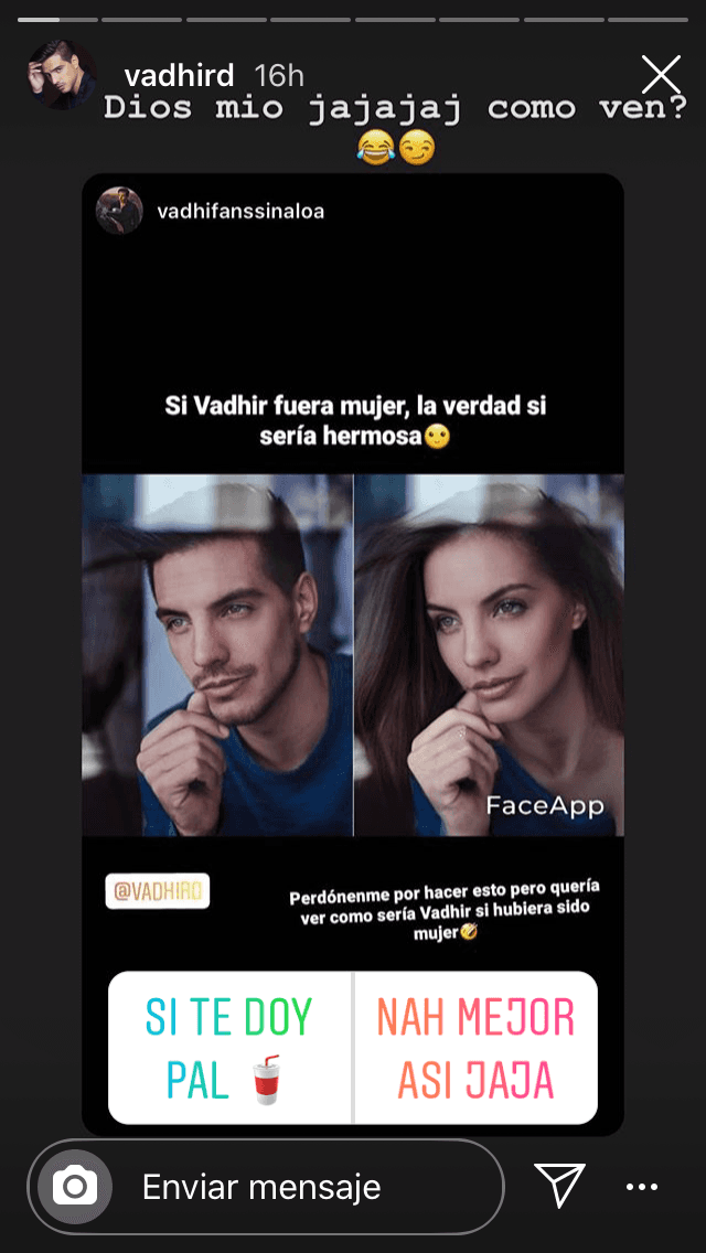 Mientras tanto, la noche del lunes 15 de junio, Vadhir Derbez compartió esta imagen proveniente de un club de fans en la que se utilizó la aplicación de Facebook para saber cómo luciría si fuera mujer. Para algunos, el parecido con su hermana mayor fue evidente. 
<br>