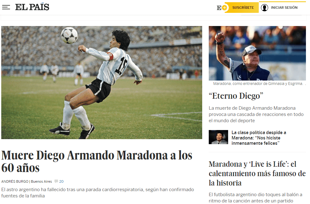 Estos son los encabezados de los medios digitales más importantes que despiden a Diego Armando Maradona.