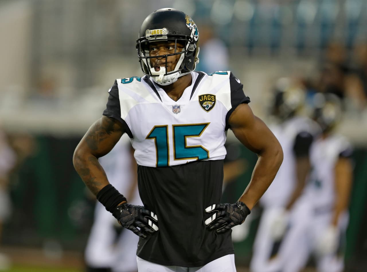 Jacksonville Jaguars wide receiver Allen Robinson warms up before an NFL preseason football game against the Carolina Panthers, Thursday, Aug. 24, 2017, in Jacksonville, Fla. (AP Photo/John Raoux)