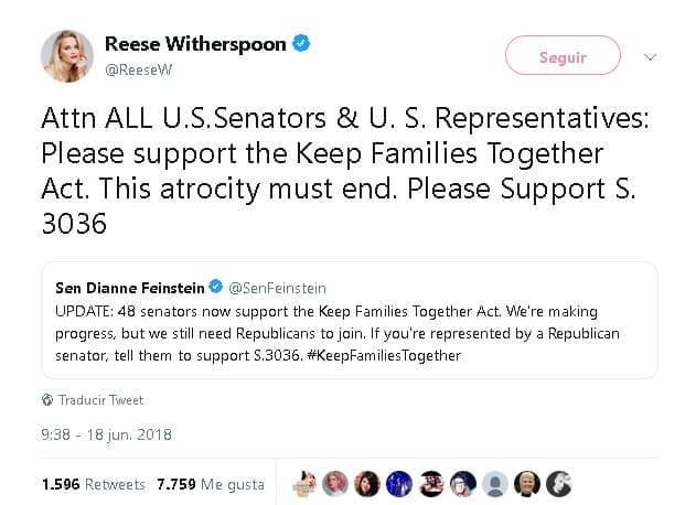 “Atención a todos los senadores de los EEUU y los representantes de los EEUU: Esta atrocidad debe terminar. Por favor apoyen la S. 3036 (la Ley de Mantener a las Familias Juntas)”, 
<b><a href="https://twitter.com/ReeseW/status/1008735605746905089" target="_blank">escribió la actriz</a></b> a través de su cuenta de Twitter.
<br>