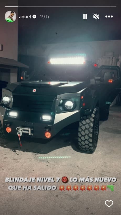 Este 2 de enero, detalló en una historia de la red social que el todoterreno tiene un “blindaje nivel 7, lo más nuevo que ha salido”. 
<br>