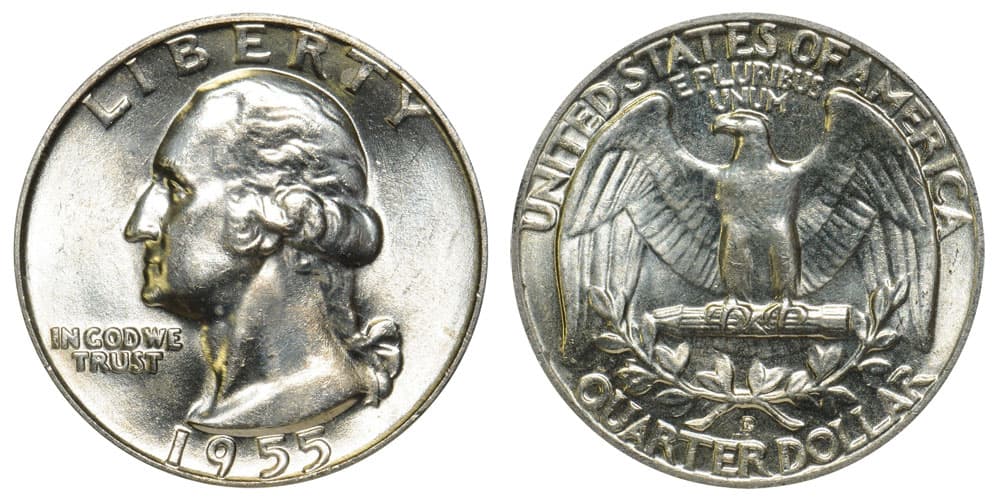 1955 Washington Quarter.
<br>Mint : Denver.
<br>Valor monetario: $0,25.
<br>Precio estimado: entre $5 a $15,000.
<br>Es apreciado entre los coleccionistas por su rareza ya que en dicho año solo un 15% de los quarters de Estados Unidos fueron producidos en la casa de monedas de Denver y el resto fueron hechos en Filadelfia.
<br>