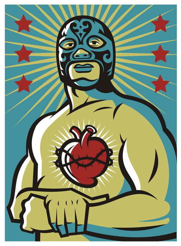 <b>Corazón latino. </b>Según cuenta Alderete: "La 
<b>lucha libre</b> no estaba de moda en el 2001 cuando hice esta imagen. Para nada." Fue un año después cuando 
<a href="http://www.jorgealderete.com/corazon-latino/">un gurú de la publicidad (Carl Jones BBDO) la descubrió y la convirtió en un icono al tomarla como ejemplo de lo que debería ser la publicidad mexicana</a> si se liberara de sus prejuicios clasistas. 
<br>