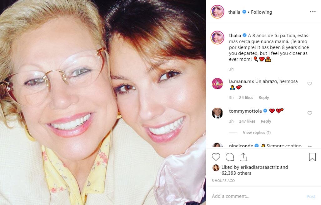 Como cada año, Thalía recordó a su mamá en esta sensible fecha con un mensaje de amor a través de las redes sociales: "A 8 años de tu partida, estás más cerca que nunca mamá. ¡Te amo por siempre!", se lee en Instagram.