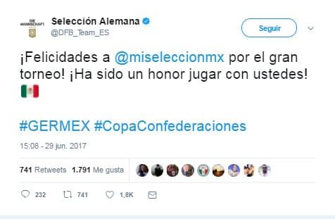 Alemania  felicitó al Tri tras golearlo en semifinales de la Confederaciones