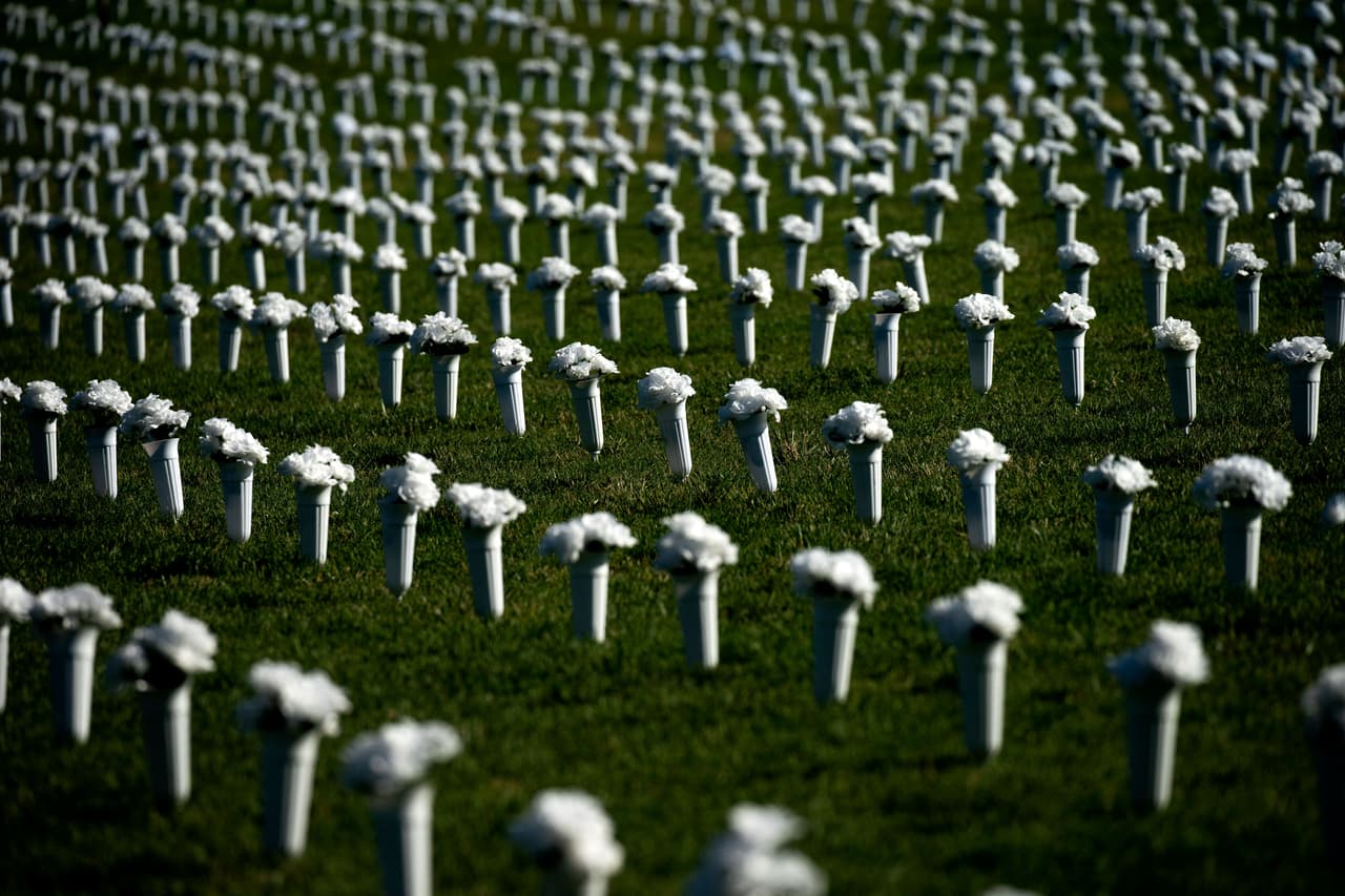 Son más de 45,000 jarrones de flores blancas y anaranjadas.
<br>