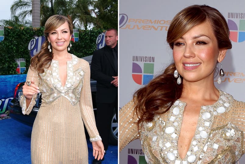 Otra variante es dejar un poco de flequillo al frente, como lo hizo Thalía en 2006. A diferencia de las anteriores, la cantante no dejó extra lacio su cabello sino que mantuvo un poco de ondas.