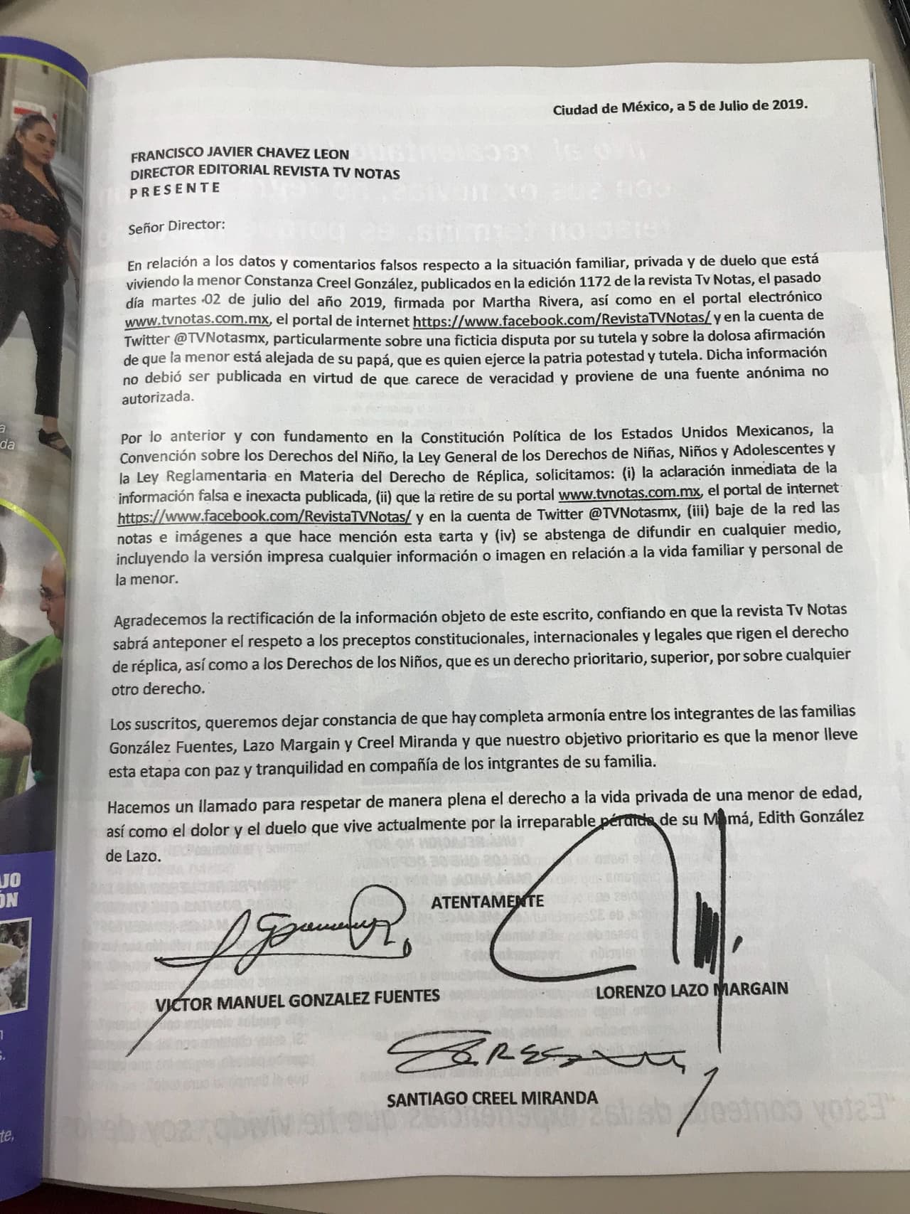 En esta petición legal, firmada por Víctor Manuel González,
<b><a href="https://www.univision.com/famosos/edith-gonzalez-entro-con-una-sonrisa-al-hospital-ignorando-que-el-cancer-habia-regresado-con-mas-fuerza-fotos">hermano de Edith González</a></b>; Lorenzo Lazo, viudo de la actriz; y
<b>Santiago Creel Miranda</b>, padre de Constanza, el asunto queda aclarado.