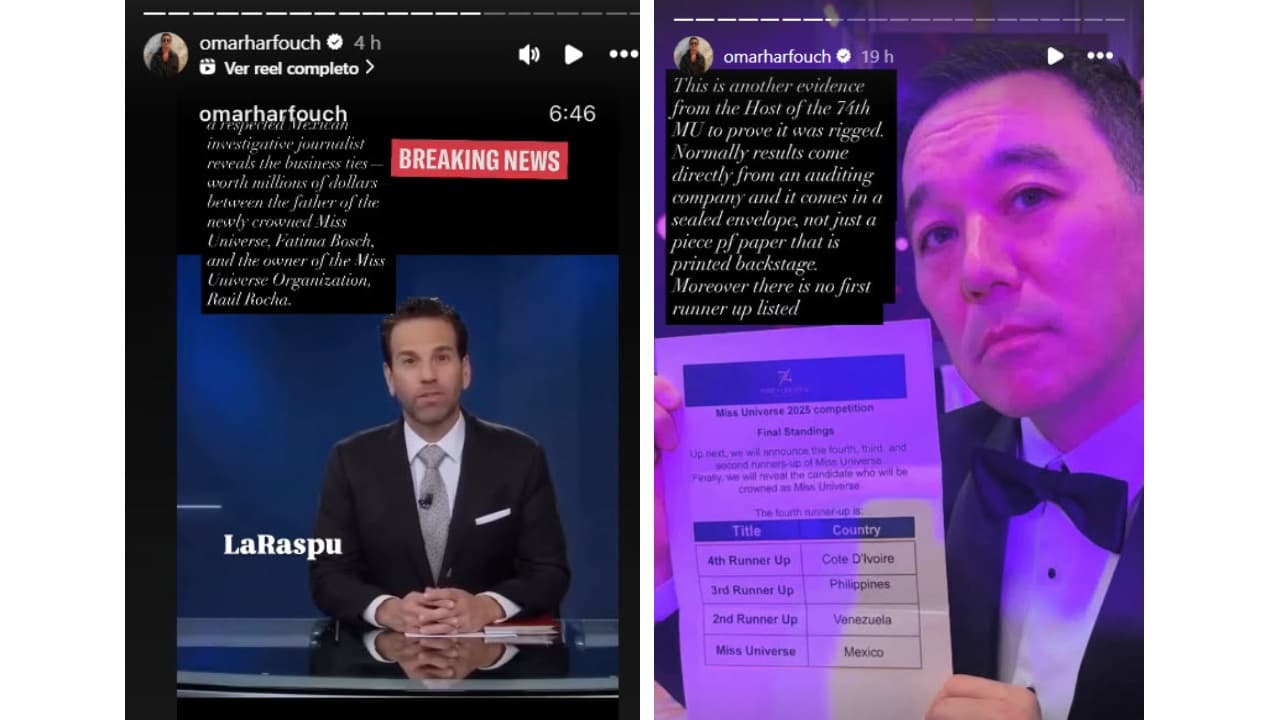 Omar Harfouch mencionó la investigación del periodista Carlos Loret de Mola sobre el padre de Fátima Bosch y mostró una foto del presentador de Miss Universe 2025.