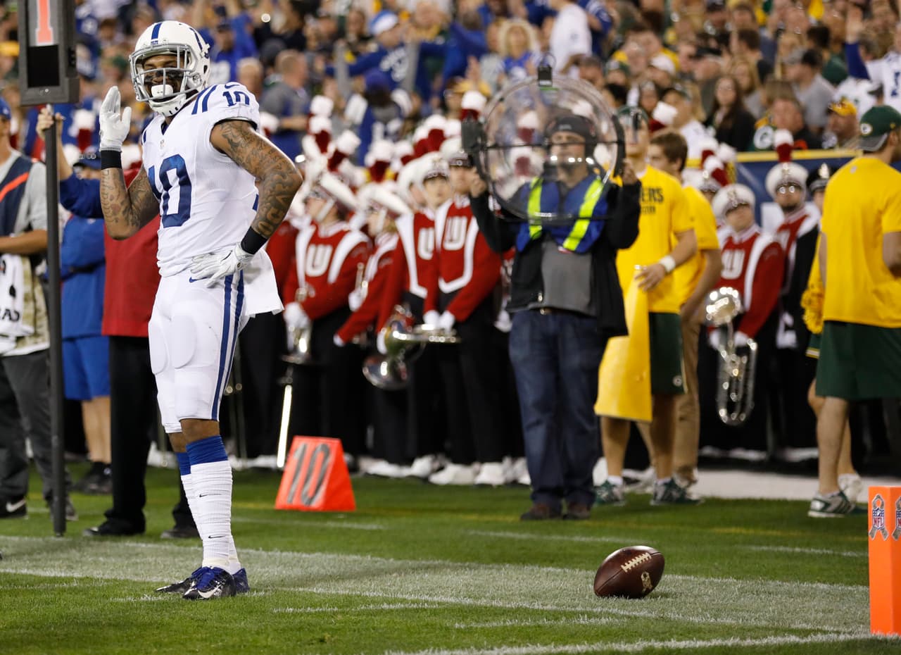 Indianapolis Colts' Donte Moncrief celebrates his touchdown catch during the first half of an NFL football game against the Green Bay Packers Sunday, Nov. 6, 2016, in Green Bay, Wis. (AP Photo/Jeffrey Phelps)