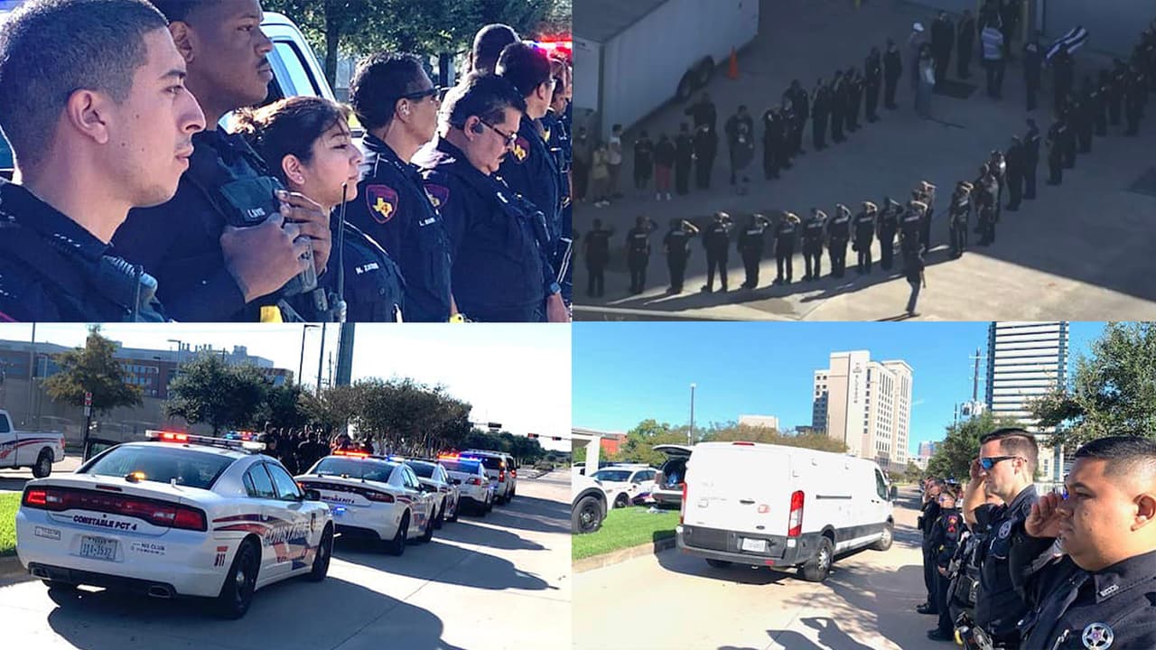 A manera de homenaje, corporaciones policiacas del área de Houston escoltaron los restos del oficial del condado Harris a quien mataron la madrugada del sábado en una emboscada fuera de un bar por la carretera 45.