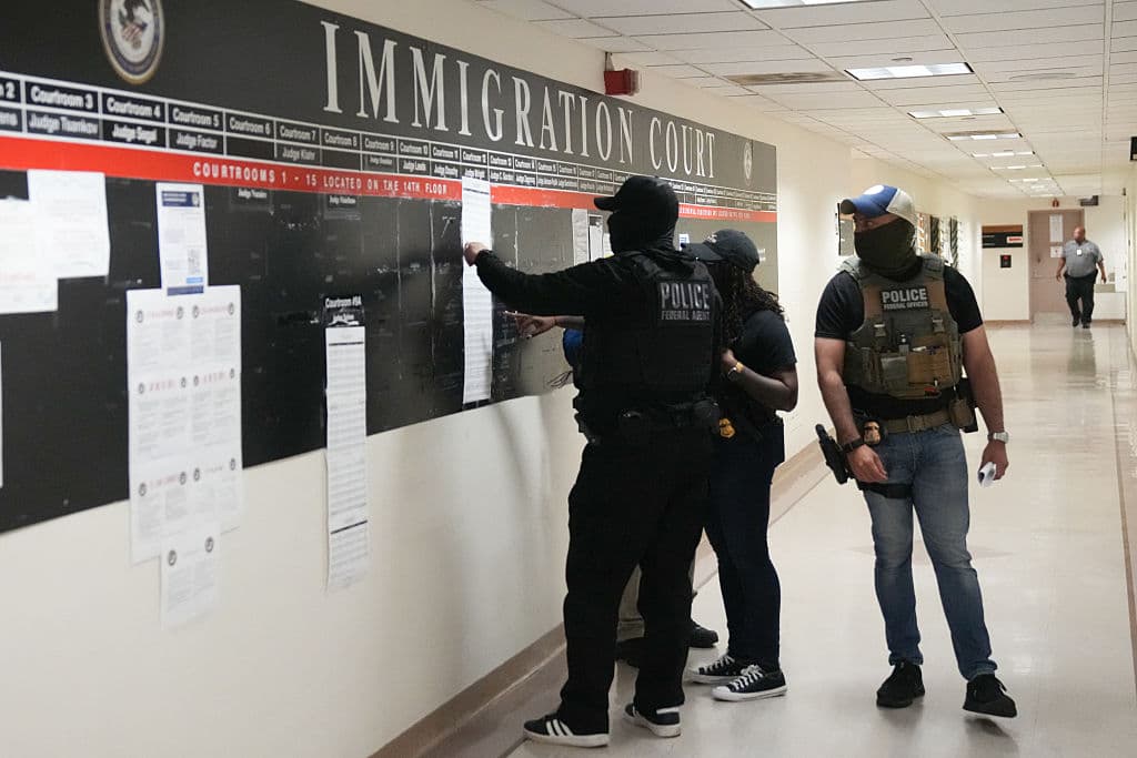 Agentes de ICE revisan listas de nombres y horarios de audiencias en el Federal Plaza Courthouse el 27 de junio de 2025 en Nueva York, antes de realizar arrestos. Las detenciones, duplicadas en 38 estados según UC Berkeley, generan críticas por la anonimidad de los agentes. (Foto por Bryan R. SMITH/AFP via Getty Images)
<br>