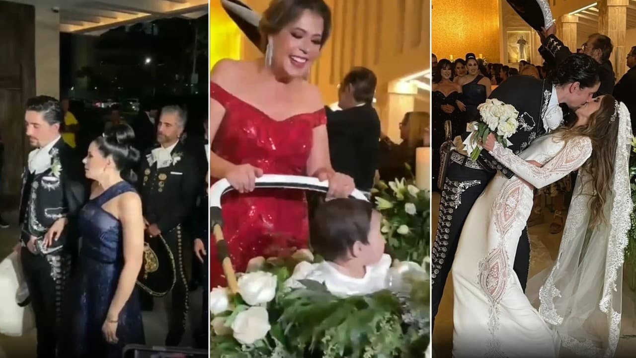 Alex Fernández y su madre a la entrada de la iglesia, detrás de ellos 'El Potrillo'; la pequeña Mía de 8 meses y la feliz pareja al término de la ceremonia.