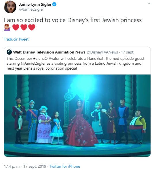 Sigler externó su emoción en su cuenta de Twitter al anunciarse el proyecto: "Estoy muy emocionada de prestar mi voz a la primera princesa judía de Disney".