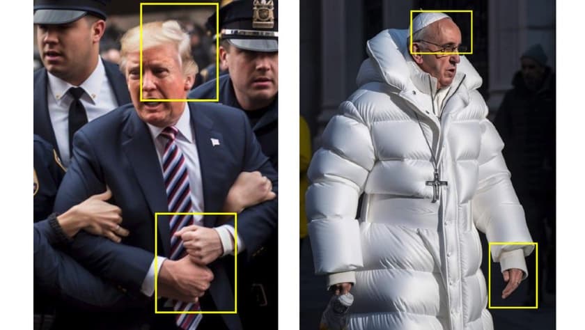 A la izquierda, una de las imágenes falsas creadas por inteligencia artificial del expresidente Donald Trump. A la derecha, la del papa Francisco vistiendo una chaqueta de diseñador, también falsa.