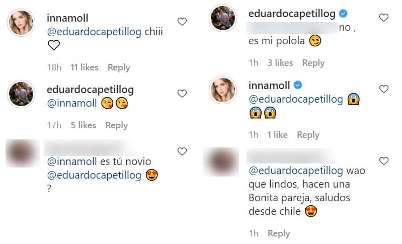 Una seguidora de la Inna cuestionó si eran novios y Eduardo afirmó que
<b>era su "polola"</b>, palabra que en Chile y Bolivia es: "Persona que mantiene con otra una relación afectiva menos formal que el noviazgo", según el Diccionario de la Real Academia Española.
<br>
