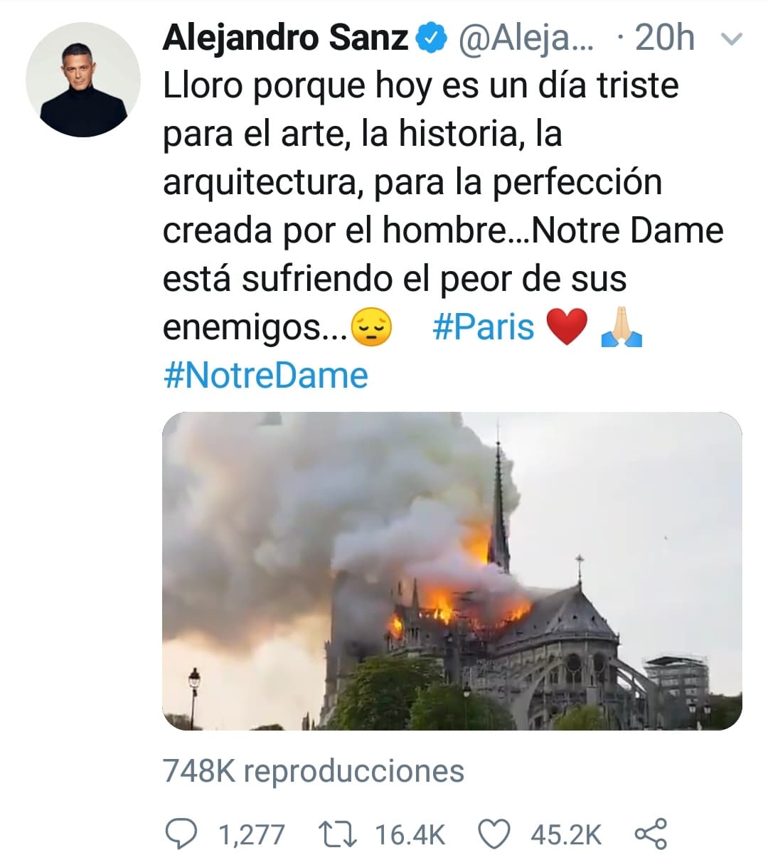 “Notre Dame está sufriendo el peor de sus enemigos”, consideró Alejandro Sanz junto a un video que muestra el momento del incendio. El cantautor español manifestó que se vivió un día triste "para la perfección creada por el hombre".