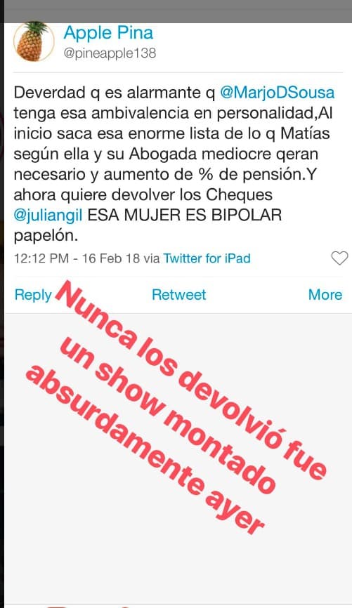 Reiteró que no es cierto que Marjorie de Sousa le hubiese devuelto el dinero que ha aportado para la crianza y necesidades del hijo que tienen en común, Matías Gregorio.