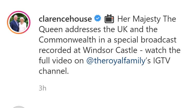 Lo mismo ocurrió en la 
<b><a href="https://www.instagram.com/p/B-nEmAjgEsH/" target="_blank">cuenta oficial del príncipe Carlos</a></b> y su esposa Camilla Parker Bowles. 
<br>