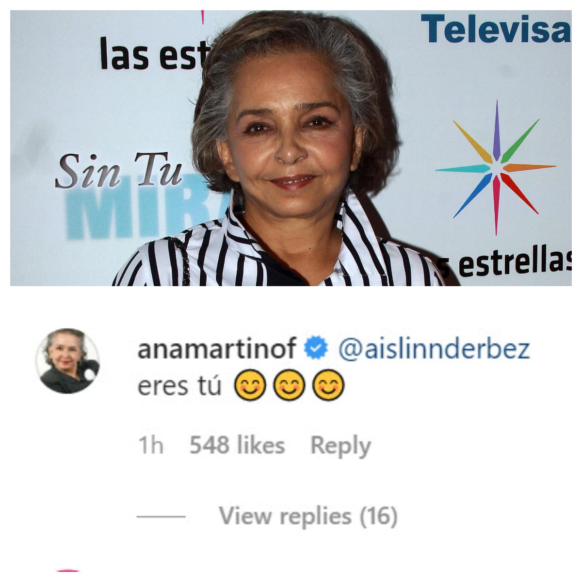 Fue el caso de la primera actriz 
<b><a href="https://www.univision.com/programas/novelas/de-miss-mundo-a-miss-telenovelas-mira-el-ayer-y-hoy-de-ana-martin-fotos#f9bdcdfd0001" target="_blank">Ana Martin</a></b>, quien le escribió: "Eres tú". 
<br>