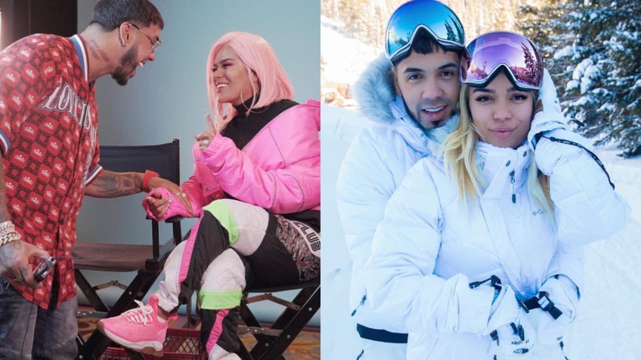 Karol G apareció con el color rosa anteriormente como se ve en esta foto (izq.) de abril de 2019 en la que trae ese tono junto a Anuel, quien era su novio en ese entonces.