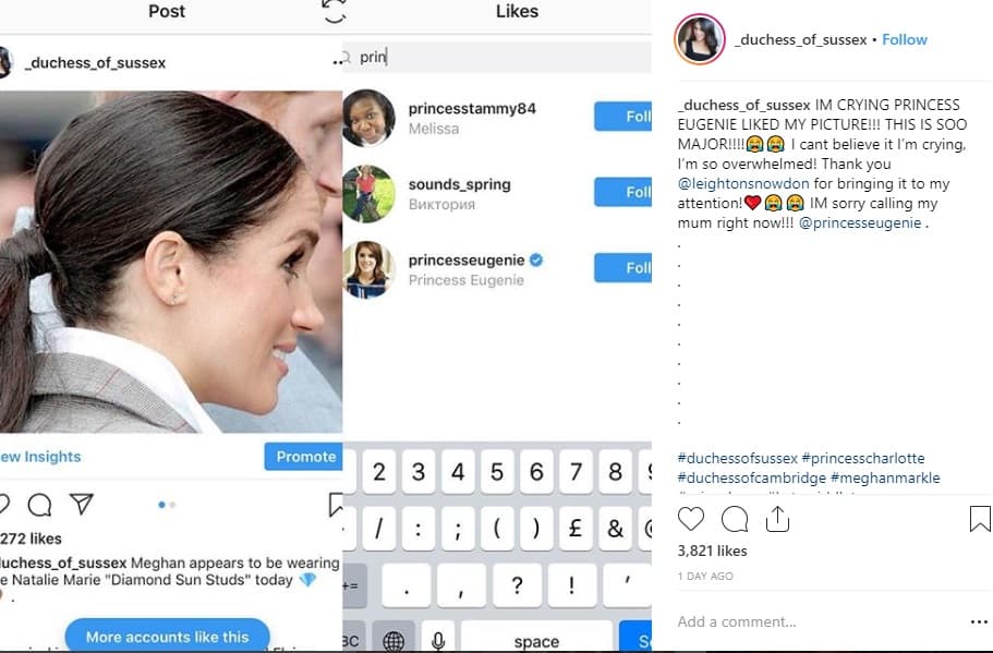 Los responsables de esa página de Instagram se dieron cuenta de que entre los más de 3,000 'likes' que obtuvo la foto (según el conteo del 18 de octubre), se encontraba el de la princesa Eugenie de York. "Estoy llorando, a la princesa Eugenie le gustó mi foto. Esto es muy grande. No lo puedo creer, estoy llorando", se lee en el post, donde copia a la princesa.