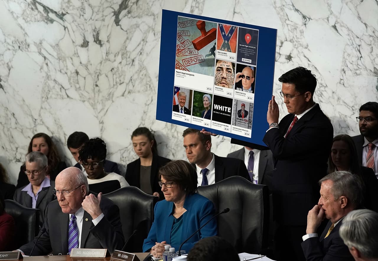 WASHINGTON, DC - APRIL 10: Sen. Patrick Leahy (L) (D-VT) questions Facebook co-founder, Chairman and CEO Mark Zuckerberg as he testifies before a combined Senate Judiciary and Commerce committee hearing in the Hart Senate Office Building on Capitol Hill April 10, 2018 in Washington, DC. Zuckerberg, 33, was called to testify after it was reported that 87 million Facebook users had their personal information harvested by Cambridge Analytica, a British political consulting firm linked to the Trump campaign. (Photo by Alex Wong/Getty Images)