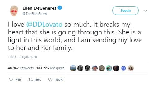 Ellen DeGeneres dijo: "Te amo tanto, Demi Lovato. Me parte el corazón ver que estás pasando por esto. Eres una luz en mi mundo y te envío mi amor a ti y su familia".