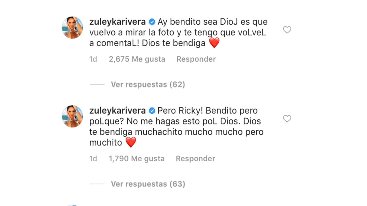 Entonces, Zuleyka Rivera compartió que había visto la foto varias veces y volvió a dejar comentarios, echándole bendiciones 
<b><a href="https://www.univision.com/entretenimiento/en-fotos-el-debut-de-matteo-hijo-de-ricky-martin-en-la-alfombra-roja-de-los-grammy-fotos">al papá de Matteo</a></b>, Valentino y Lucía.
