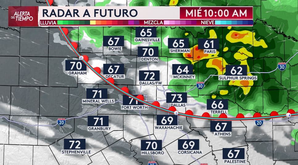 Alrededor del mediodía, el sistema de tormentas, con lluvias de moderadas a intensas, 
<b>se desplazará hacia el norte, afectando áreas como Paris y Sulphur Springs.</b>