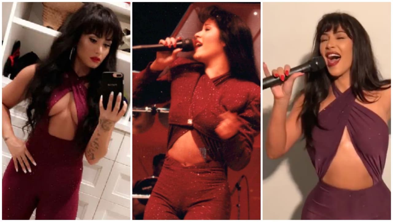 Al centro, la auténtica Selena Quintanilla, quien fue asesinada hace 22 años. A su izquierda, la cantante Demi Lovato y a la derecha Kim Kardashian; ambas se inspiraron en la 'Reina del Tex-Mex' este Halloween.