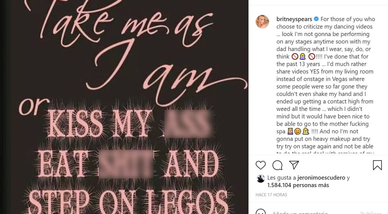 En un extenso texto, la cantante pidió que dejen de seguirla quienes no estén de acuerdo con ella y se sinceró acerca de cómo es vivir bajo un yugo que 
<b><a href="https://www.univision.com/famosos/britney-spears-diu-pide-fin-tutela" target="_blank">le impide tomar decisiones por sí misma. </a></b>
<br>