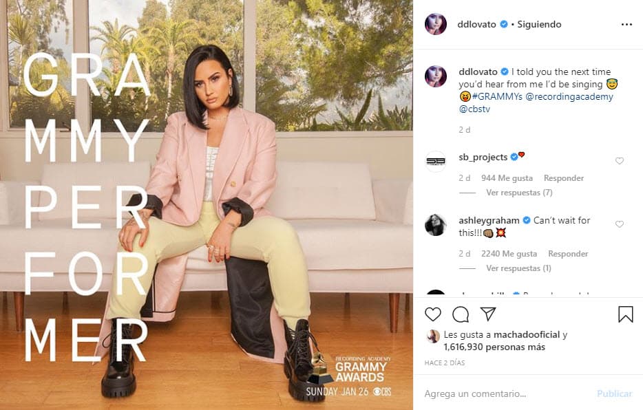 El 14 de enero informó, a través de sus redes sociales, que tendrá una 
<b>participación musical en la próxima entrega del GRAMMY</b>, la cual se llevará a cabo el domingo 26 de enero.
<br>