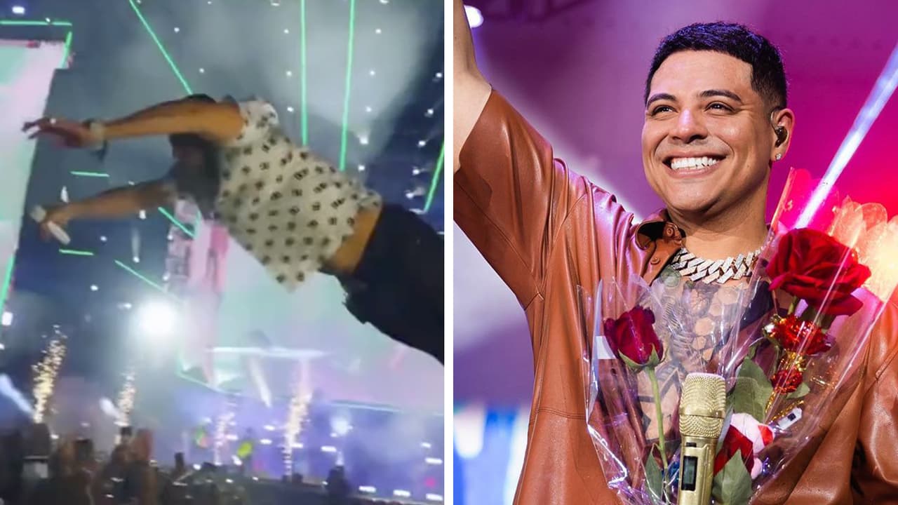 Eduin Caz se aventó cual 'rock star' pero nadie lo atrapó y se dio tremendo golpe