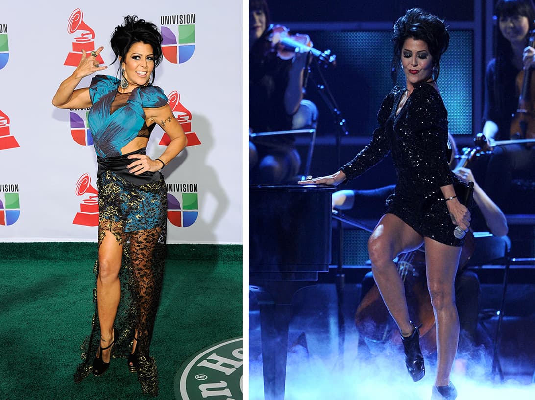 <b><span class="cms-h3-H3">ALEJANDRA GUZMAN</span>.</b> Si hablamos de estrellas especialistas en transformaciones, ella es experta. En 2011 La Guzmán apareció con este extravagante vestido azul cubierto con una transparencia, y en el escenario enseñó pierna con este mini dress en negro cubierto de lentejuela.