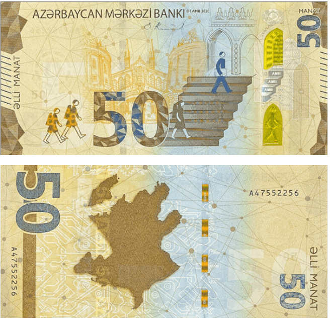 <h3 class="cms-H3-H3">15. Azerbaiyán (50 manat) </h3>
<br>
<br>En medio del amarillo dominante, en el frente se aprecian dos niños que caminan subiendo unas escaleras, además de la fachada de un edificio.
<b>Esta imagen representa el ascenso y el desarrollo. </b>
<br>
<br>En el reverso se aprecian antiguas alfombras azeríes y un mapa de Azerbaiyán.
<br>