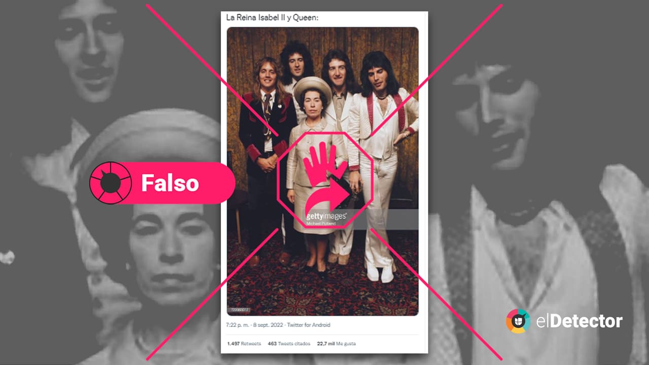 <h3 class="cms-H3-H3"><b>Los de Queen no posaron aquí con la reina: era una actriz que la interpretó </b></h3>
<br>
<br>No es la reina Isabel II quien supuestamente aparece junto a la banda inglesa Queen en esa foto.
<br>Se trata de una imagen en la que los miembros de la icónica agrupación musical (de izquiera a derecha: Roger Taylor, Brian May, John Deacon y Freddy Mercury) fueron retratados junto a 
<a href="https://www.imdb.com/name/nm0153055/"><u>Jeannette Charles</u></a>, actriz que por más 36 años interpretó en películas y comerciales a la soberana británica.
<br>
<br>La fotografía se encuentra disponible en la web del 
<a href="https://www.gettyimages.com.mx/detail/fotograf%C3%ADa-de-noticias/british-rock-band-queen-posing-with-actress-and-fotograf%C3%ADa-de-noticias/722063017?adppopup=true"><u>banco de imágenes de la agencia </u><i>Getty Images</i></a>. Allí se señala en la leyenda que la imagen fue tomada en septiembre de 1974 por Michael Putland, colaborador de esta agencia. 
<br>
<br>La imagen fue erróneamente atribuida como foto de la reina Isabel II con la famosa banda de rock en un hilo de Twitter tras el fallecimiento de la monarca, 
<a href="https://www.univision.com/noticias/mundo/en-vivo-reina-isabel-ii-de-reino-unido-ultima-hora-estado-de-salud-8-septiembre-hoy"><u>el 8 de septiembre de 2022</u></a>. En 
<b>elDetector </b>encontramos la fotografía original con sus créditos a través de una 
<a href="https://www.google.com/search?q=elizabeth+II+with+queen+music+band&tbm=isch&ved=2ahUKEwjBrsWStYj6AhVNheAKHbSJBokQ2-cCegQIABAA&oq=elizabeth+II+with+queen+music+band&gs_lcp=CgNpbWcQA1DFF1i5G2DWH2gCcAB4AIAB8QGIAe0EkgEFMC4yLjGYAQCgAQGqAQtnd3Mtd2l6LWltZ8ABAQ&sclient=img&ei=BZAbY4GYBM2Kgge0k5rICA&bih=663&biw=1366#imgrc=rOK1e9Egud1wZM"><u>búsqueda simple en Google</u></a>.
<br>