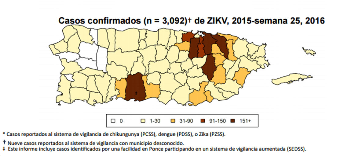 Mapa de casos de zika en Puerto Rico hasta el 7 de julio de 2016