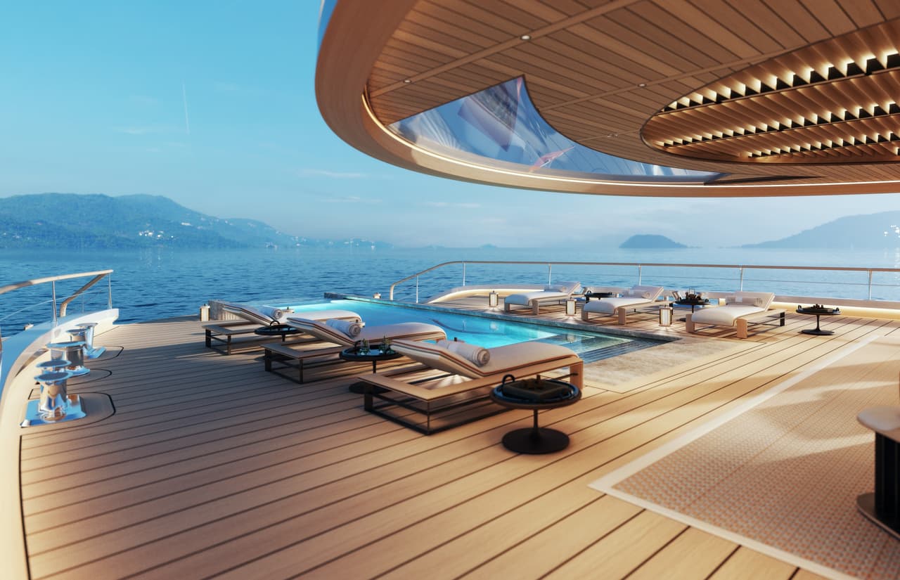 La cubierta superior curvada culmina en una proa con un observatorio integrado, la denominada sala Aqua, que forma parte del pabellón del propietario.