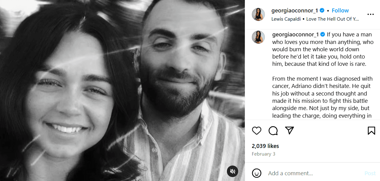 Georgia O’Connor afirmó que su pareja, Adriano Cardinali, la apoyó durante su lucha contra el cáncer.