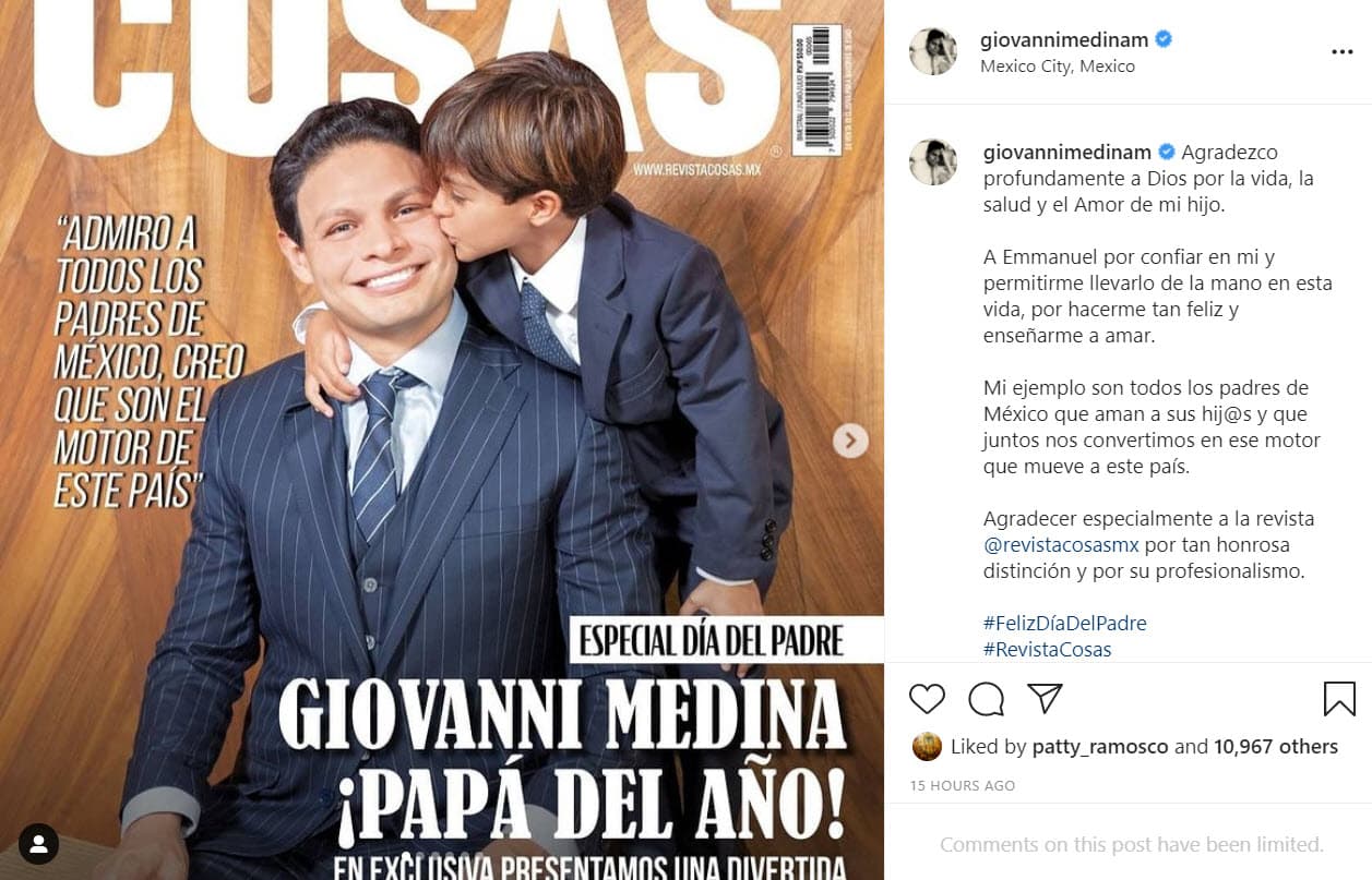 Un día después, Giovanni compartió en su cuenta de Instagram que él y Emmanuel aparecen en la portada de la revista mexicana Cosas para celebrar el Día del Padre, fecha que se conmemorará en México el domingo 20 de junio.
<br>