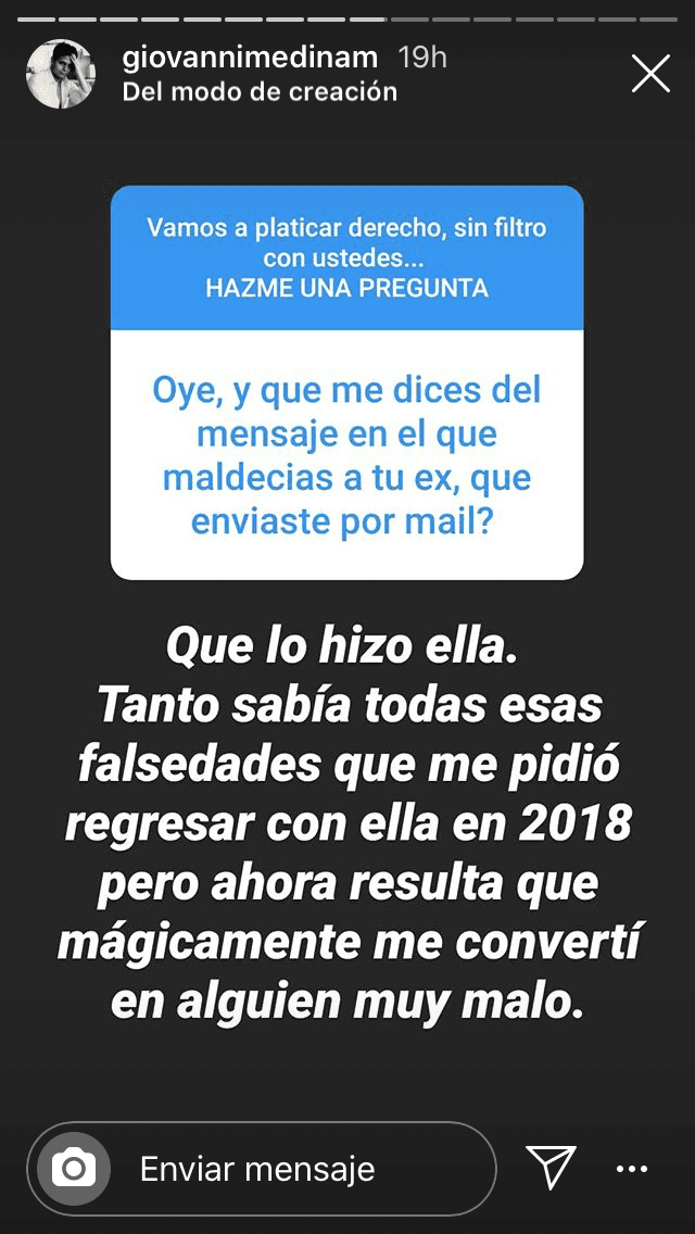 "
<b><a href="https://www.univision.com/shows/despierta-america/la-nueva-estrategia-de-giovanni-medina-para-atacar-a-ninel-conde-fue-buena-idea-o-quedo-muy-mal-video" target="_blank">Lo hizo ella</a> </b>(el correo). Tanto sabía esas falsedades que me pidió regresar con ella en 2018, pero ahora resulta que mágicamente me convertí en alguien muy malo", respondió Giovanni Medina. 
<br>