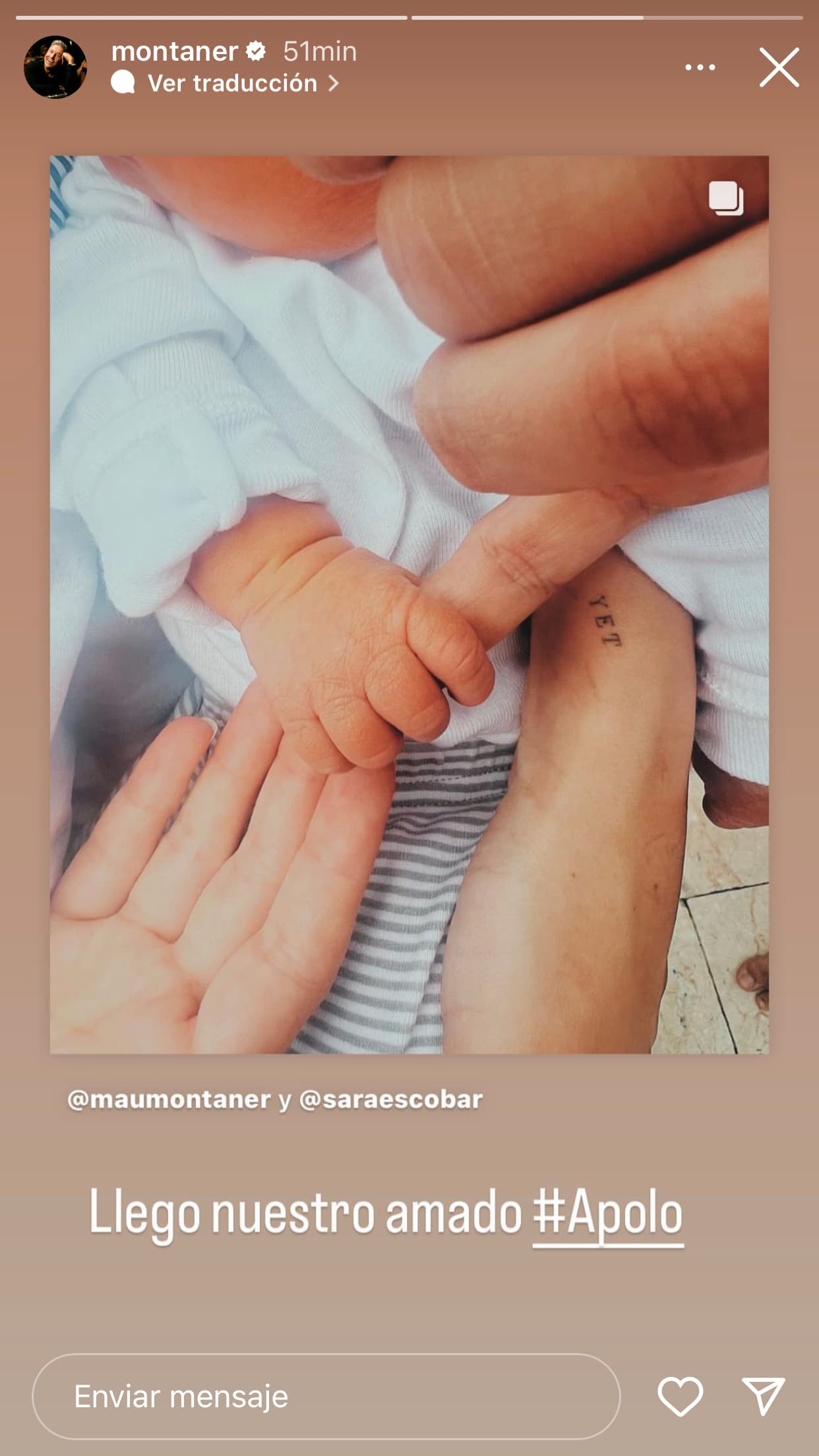 <b>"Llegó nuestro amado Apolo"</b>, escribió el orgulloso abuelo, Ricardo Montaner, desde sus historias de Instagram.