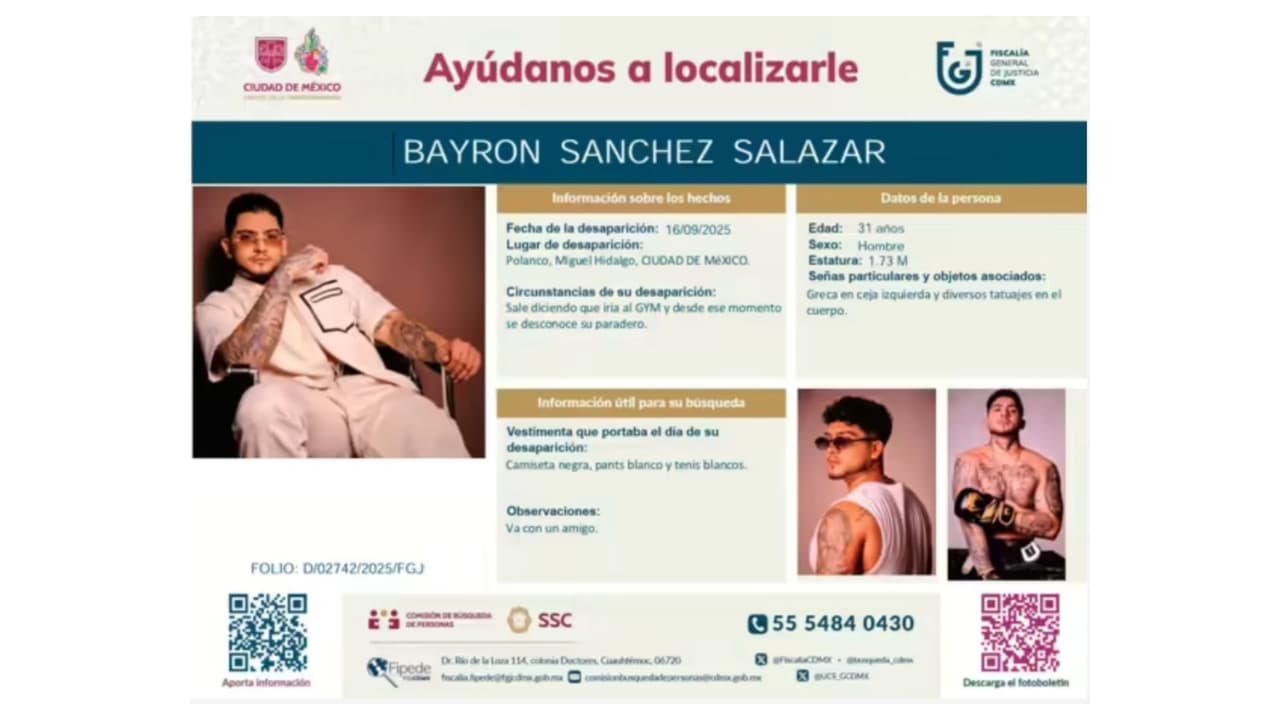 Autoridades mexicanas emiten ficha de búsqueda para localizar al cantante Bayron Sánchez.