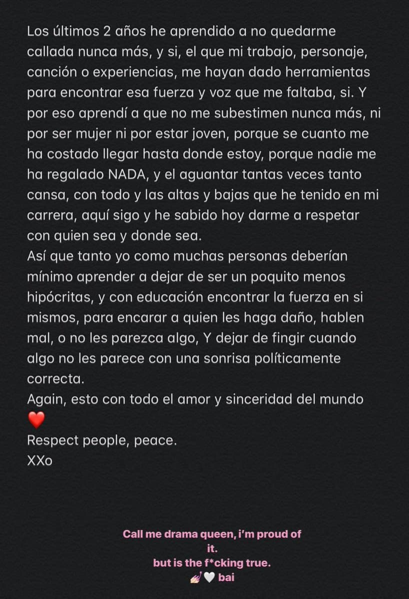 “Otra vez, esto con todo el amor y sinceridad del mundo. Respeto a la gente. Paz”, finalizó su mensaje. 
<br>